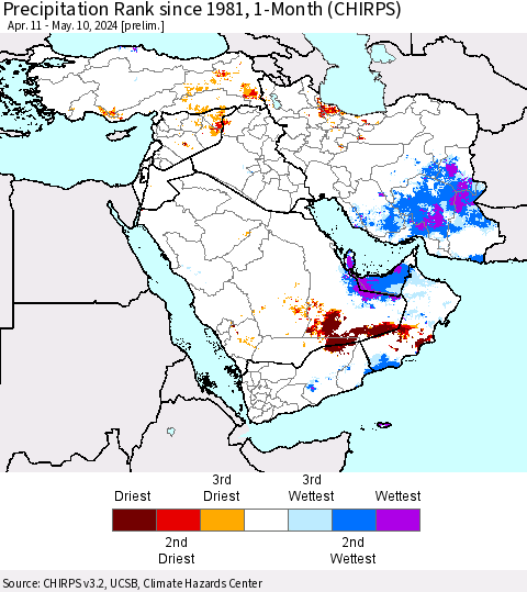 Middle East and Turkey Precipitation Rank since 1981, 1-Month (CHIRPS) Thematic Map For 4/11/2024 - 5/10/2024