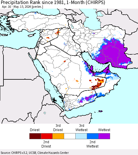 Middle East and Turkey Precipitation Rank since 1981, 1-Month (CHIRPS) Thematic Map For 4/16/2024 - 5/15/2024
