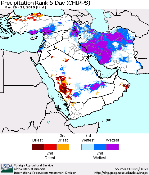 Middle East and Turkey Precipitation Rank since 1981, 5-Day (CHIRPS) Thematic Map For 3/26/2019 - 3/31/2019