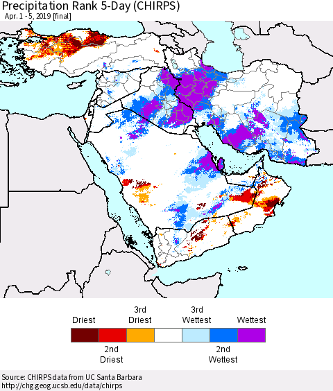 Middle East and Turkey Precipitation Rank since 1981, 5-Day (CHIRPS) Thematic Map For 4/1/2019 - 4/5/2019
