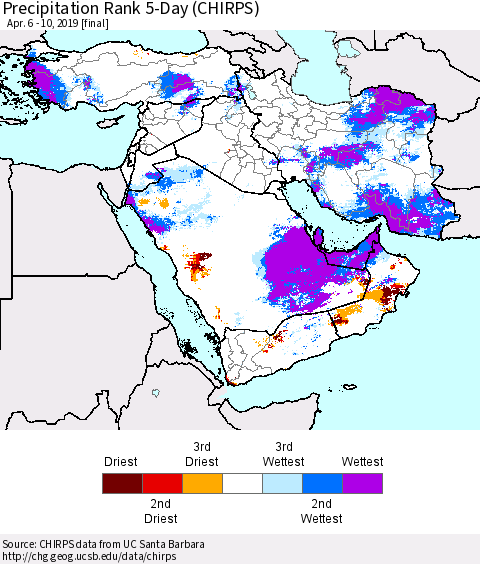 Middle East and Turkey Precipitation Rank since 1981, 5-Day (CHIRPS) Thematic Map For 4/6/2019 - 4/10/2019