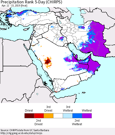 Middle East and Turkey Precipitation Rank since 1981, 5-Day (CHIRPS) Thematic Map For 4/11/2019 - 4/15/2019
