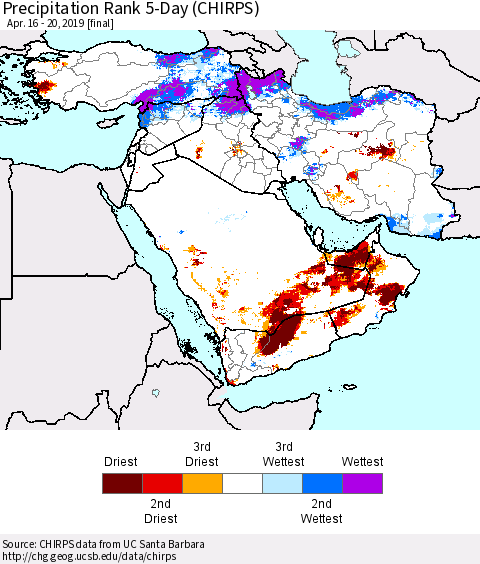 Middle East and Turkey Precipitation Rank since 1981, 5-Day (CHIRPS) Thematic Map For 4/16/2019 - 4/20/2019