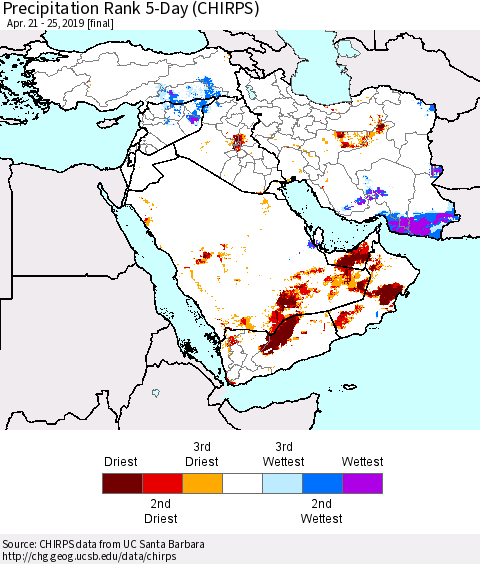 Middle East and Turkey Precipitation Rank since 1981, 5-Day (CHIRPS) Thematic Map For 4/21/2019 - 4/25/2019