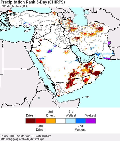 Middle East and Turkey Precipitation Rank since 1981, 5-Day (CHIRPS) Thematic Map For 4/26/2019 - 4/30/2019