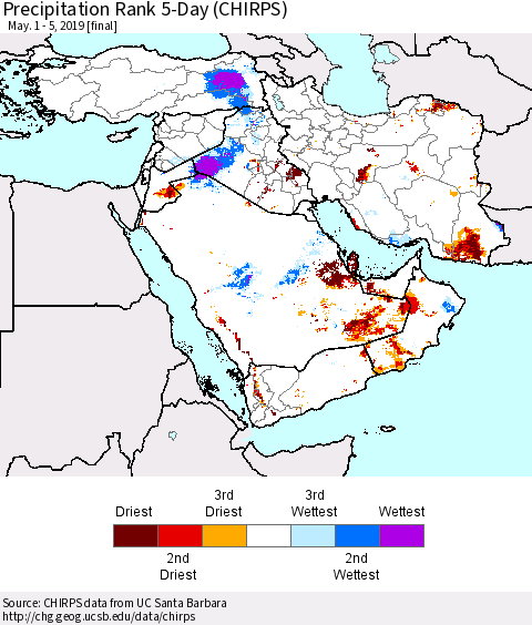 Middle East and Turkey Precipitation Rank since 1981, 5-Day (CHIRPS) Thematic Map For 5/1/2019 - 5/5/2019