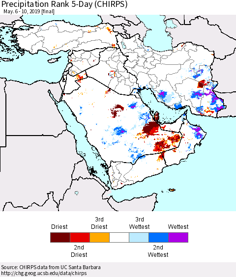 Middle East and Turkey Precipitation Rank since 1981, 5-Day (CHIRPS) Thematic Map For 5/6/2019 - 5/10/2019