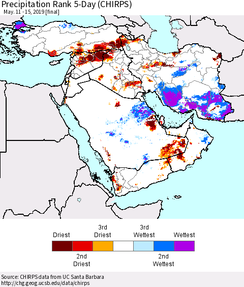 Middle East and Turkey Precipitation Rank since 1981, 5-Day (CHIRPS) Thematic Map For 5/11/2019 - 5/15/2019