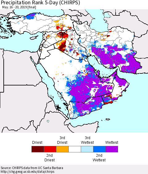 Middle East and Turkey Precipitation Rank since 1981, 5-Day (CHIRPS) Thematic Map For 5/16/2019 - 5/20/2019