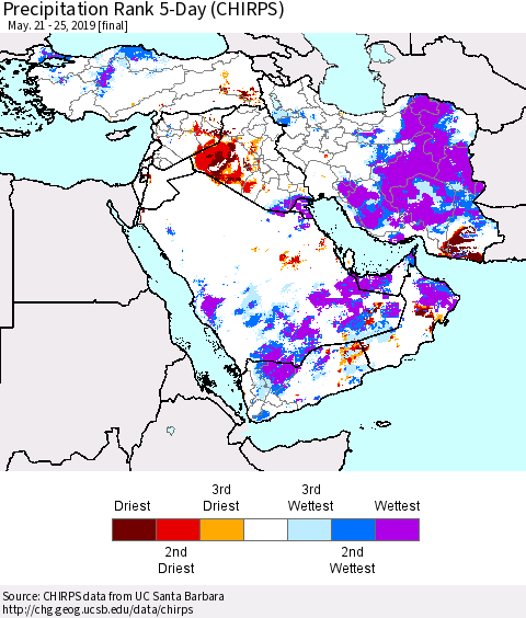 Middle East and Turkey Precipitation Rank since 1981, 5-Day (CHIRPS) Thematic Map For 5/21/2019 - 5/25/2019