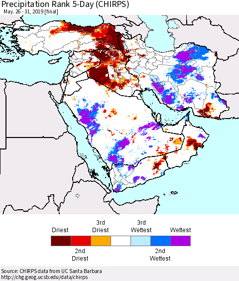 Middle East and Turkey Precipitation Rank since 1981, 5-Day (CHIRPS) Thematic Map For 5/26/2019 - 5/31/2019