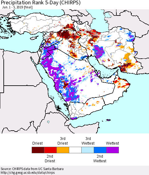 Middle East and Turkey Precipitation Rank since 1981, 5-Day (CHIRPS) Thematic Map For 6/1/2019 - 6/5/2019
