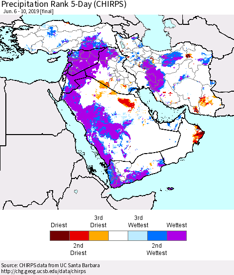 Middle East and Turkey Precipitation Rank since 1981, 5-Day (CHIRPS) Thematic Map For 6/6/2019 - 6/10/2019
