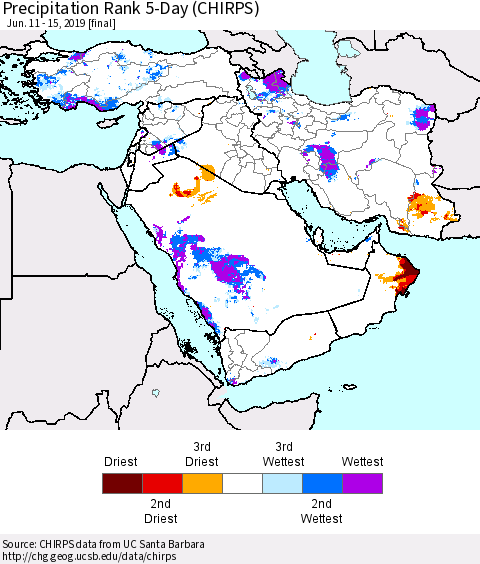 Middle East and Turkey Precipitation Rank since 1981, 5-Day (CHIRPS) Thematic Map For 6/11/2019 - 6/15/2019