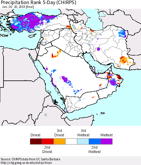 Middle East and Turkey Precipitation Rank since 1981, 5-Day (CHIRPS) Thematic Map For 6/16/2019 - 6/20/2019