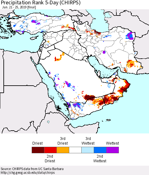 Middle East and Turkey Precipitation Rank since 1981, 5-Day (CHIRPS) Thematic Map For 6/21/2019 - 6/25/2019