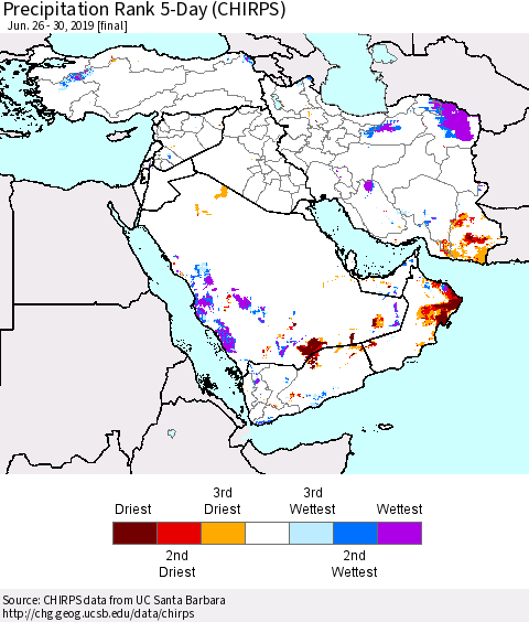 Middle East and Turkey Precipitation Rank since 1981, 5-Day (CHIRPS) Thematic Map For 6/26/2019 - 6/30/2019