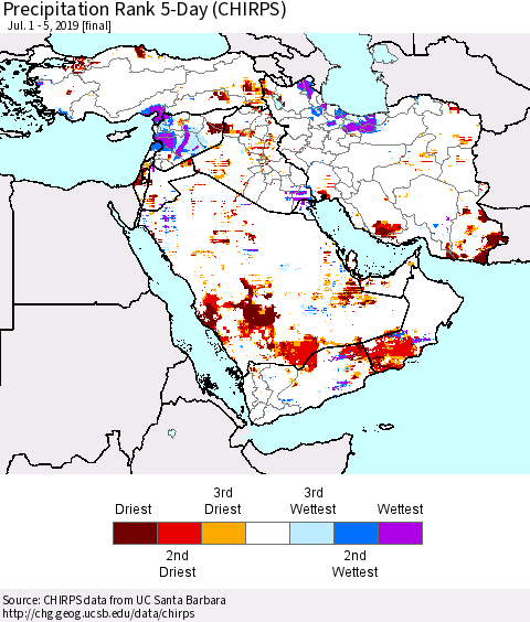 Middle East and Turkey Precipitation Rank since 1981, 5-Day (CHIRPS) Thematic Map For 7/1/2019 - 7/5/2019