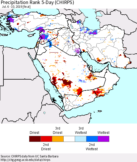 Middle East and Turkey Precipitation Rank since 1981, 5-Day (CHIRPS) Thematic Map For 7/6/2019 - 7/10/2019