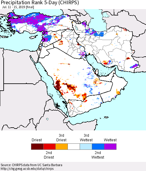 Middle East and Turkey Precipitation Rank since 1981, 5-Day (CHIRPS) Thematic Map For 7/11/2019 - 7/15/2019