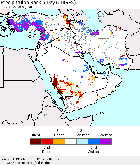 Middle East and Turkey Precipitation Rank since 1981, 5-Day (CHIRPS) Thematic Map For 7/16/2019 - 7/20/2019