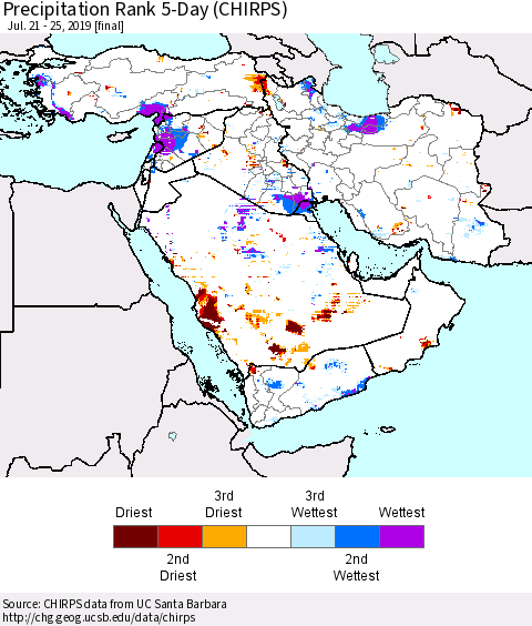 Middle East and Turkey Precipitation Rank since 1981, 5-Day (CHIRPS) Thematic Map For 7/21/2019 - 7/25/2019