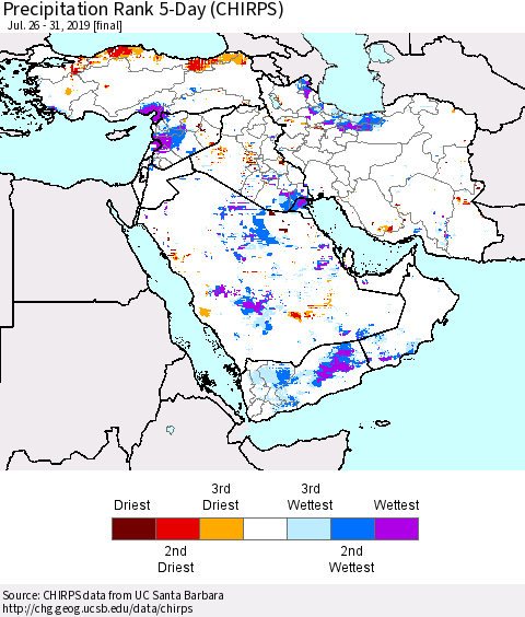 Middle East and Turkey Precipitation Rank since 1981, 5-Day (CHIRPS) Thematic Map For 7/26/2019 - 7/31/2019