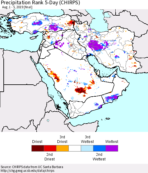 Middle East and Turkey Precipitation Rank since 1981, 5-Day (CHIRPS) Thematic Map For 8/1/2019 - 8/5/2019