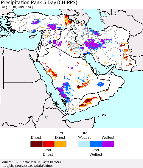 Middle East and Turkey Precipitation Rank since 1981, 5-Day (CHIRPS) Thematic Map For 8/6/2019 - 8/10/2019