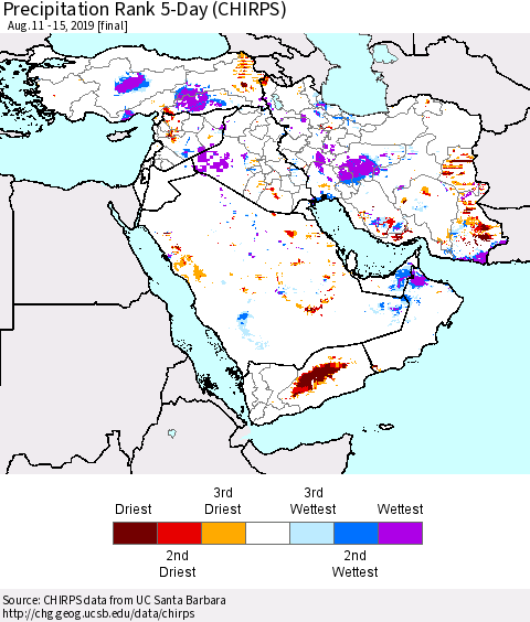Middle East and Turkey Precipitation Rank since 1981, 5-Day (CHIRPS) Thematic Map For 8/11/2019 - 8/15/2019