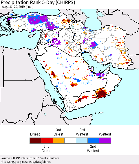 Middle East and Turkey Precipitation Rank since 1981, 5-Day (CHIRPS) Thematic Map For 8/16/2019 - 8/20/2019