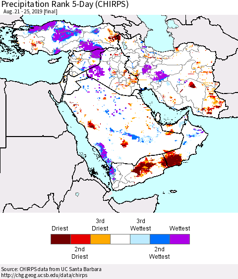 Middle East and Turkey Precipitation Rank since 1981, 5-Day (CHIRPS) Thematic Map For 8/21/2019 - 8/25/2019