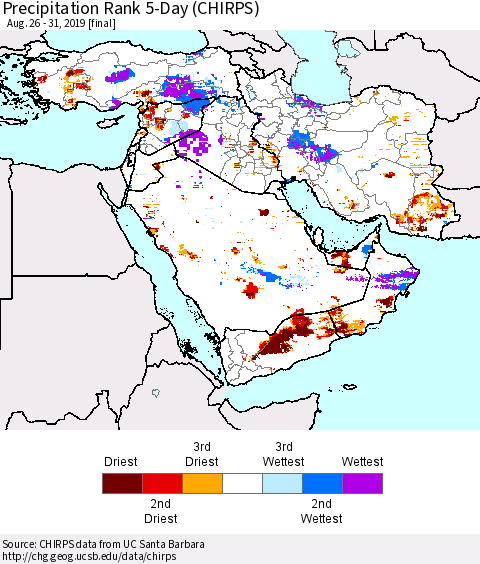 Middle East and Turkey Precipitation Rank since 1981, 5-Day (CHIRPS) Thematic Map For 8/26/2019 - 8/31/2019