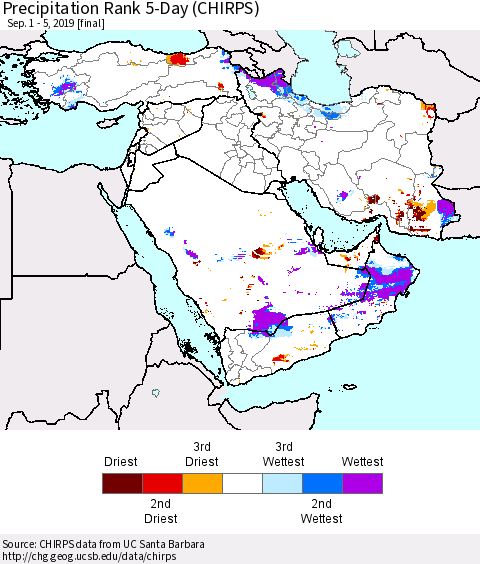 Middle East and Turkey Precipitation Rank since 1981, 5-Day (CHIRPS) Thematic Map For 9/1/2019 - 9/5/2019