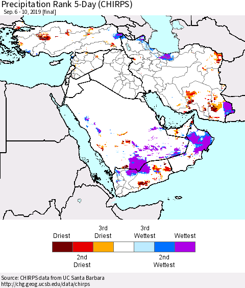 Middle East and Turkey Precipitation Rank since 1981, 5-Day (CHIRPS) Thematic Map For 9/6/2019 - 9/10/2019