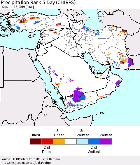 Middle East and Turkey Precipitation Rank since 1981, 5-Day (CHIRPS) Thematic Map For 9/11/2019 - 9/15/2019