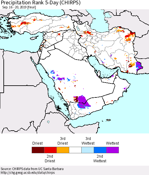 Middle East and Turkey Precipitation Rank since 1981, 5-Day (CHIRPS) Thematic Map For 9/16/2019 - 9/20/2019
