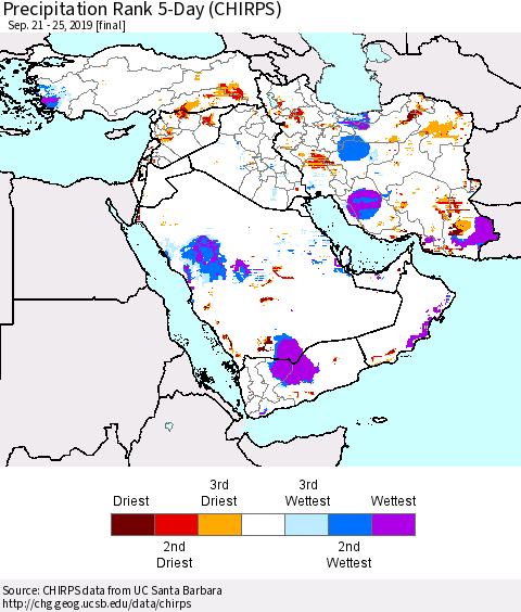 Middle East and Turkey Precipitation Rank since 1981, 5-Day (CHIRPS) Thematic Map For 9/21/2019 - 9/25/2019