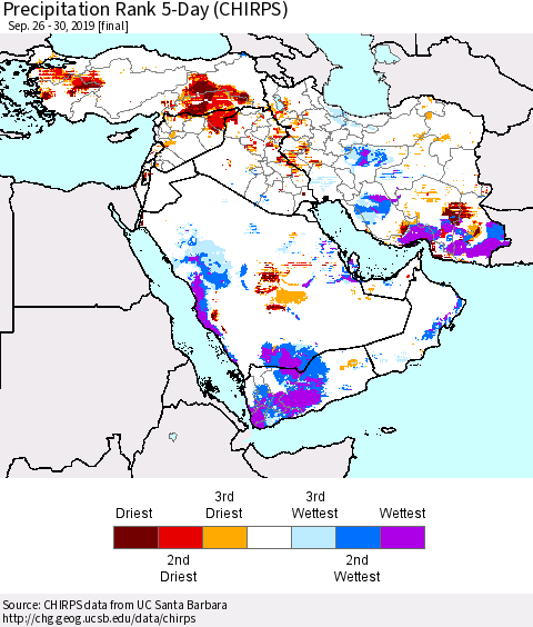 Middle East and Turkey Precipitation Rank since 1981, 5-Day (CHIRPS) Thematic Map For 9/26/2019 - 9/30/2019