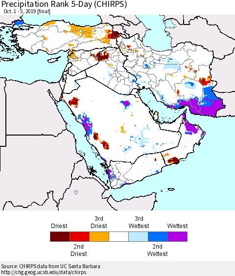 Middle East and Turkey Precipitation Rank since 1981, 5-Day (CHIRPS) Thematic Map For 10/1/2019 - 10/5/2019