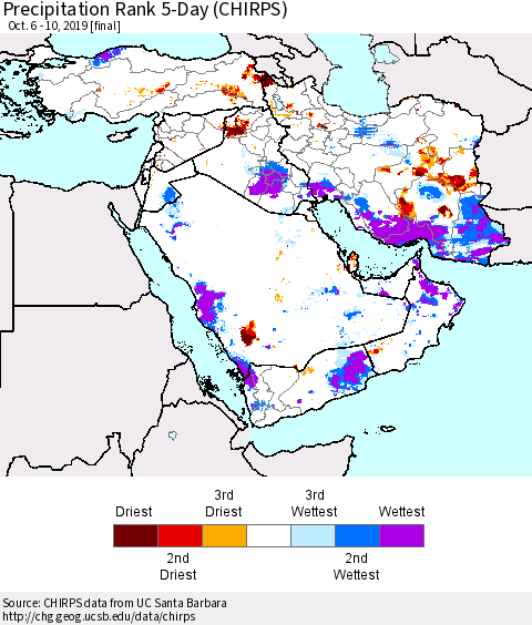 Middle East and Turkey Precipitation Rank since 1981, 5-Day (CHIRPS) Thematic Map For 10/6/2019 - 10/10/2019