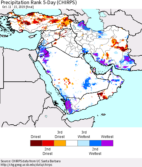 Middle East and Turkey Precipitation Rank since 1981, 5-Day (CHIRPS) Thematic Map For 10/11/2019 - 10/15/2019