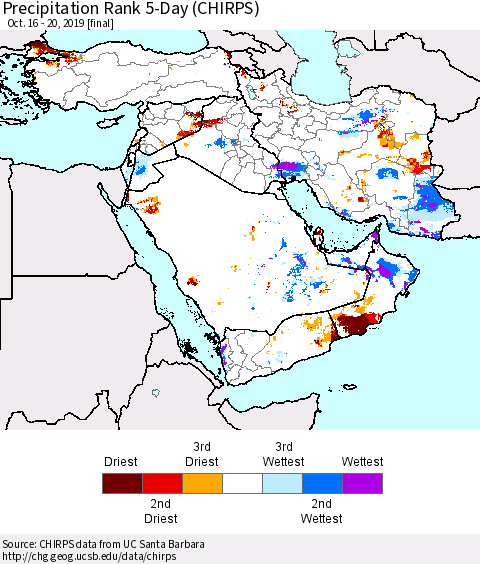 Middle East and Turkey Precipitation Rank since 1981, 5-Day (CHIRPS) Thematic Map For 10/16/2019 - 10/20/2019
