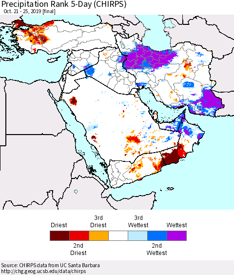 Middle East and Turkey Precipitation Rank since 1981, 5-Day (CHIRPS) Thematic Map For 10/21/2019 - 10/25/2019