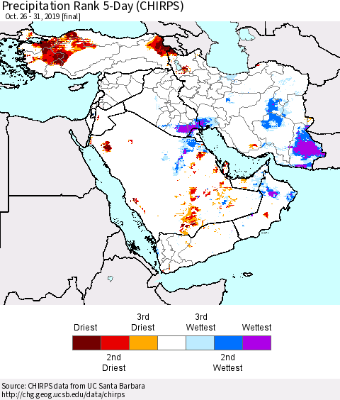 Middle East and Turkey Precipitation Rank since 1981, 5-Day (CHIRPS) Thematic Map For 10/26/2019 - 10/31/2019