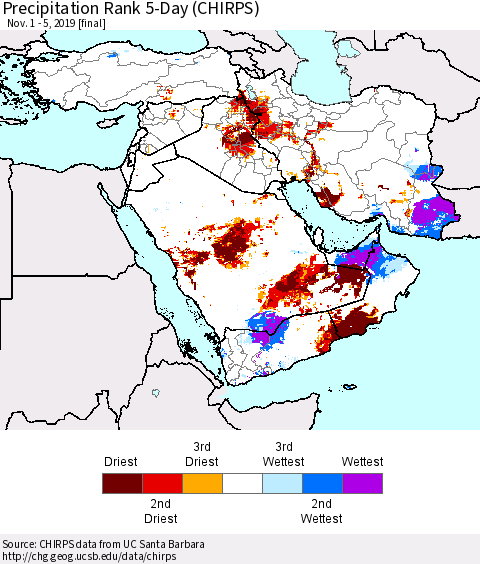 Middle East and Turkey Precipitation Rank since 1981, 5-Day (CHIRPS) Thematic Map For 11/1/2019 - 11/5/2019