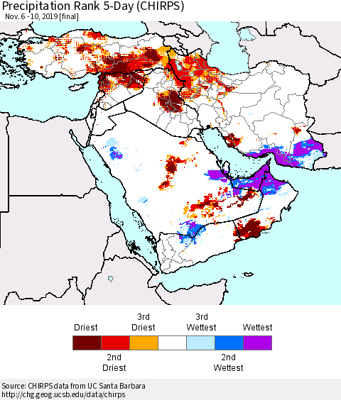 Middle East and Turkey Precipitation Rank since 1981, 5-Day (CHIRPS) Thematic Map For 11/6/2019 - 11/10/2019