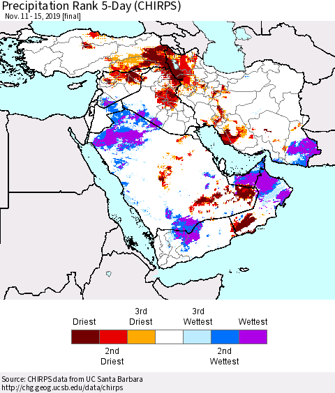 Middle East and Turkey Precipitation Rank since 1981, 5-Day (CHIRPS) Thematic Map For 11/11/2019 - 11/15/2019