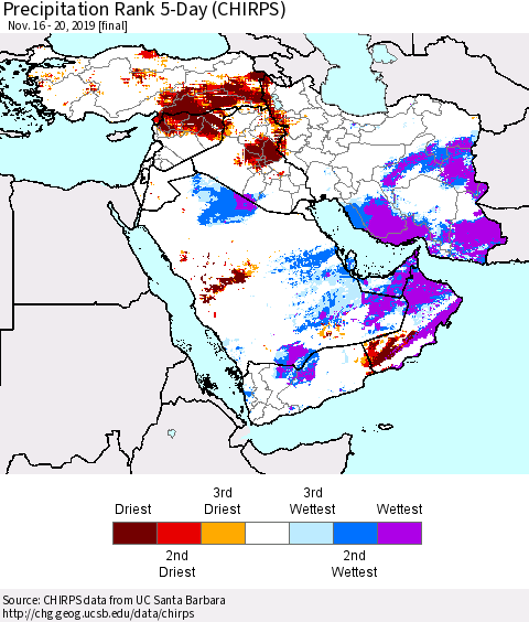 Middle East and Turkey Precipitation Rank since 1981, 5-Day (CHIRPS) Thematic Map For 11/16/2019 - 11/20/2019