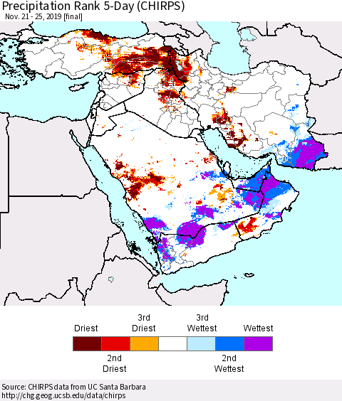 Middle East and Turkey Precipitation Rank since 1981, 5-Day (CHIRPS) Thematic Map For 11/21/2019 - 11/25/2019